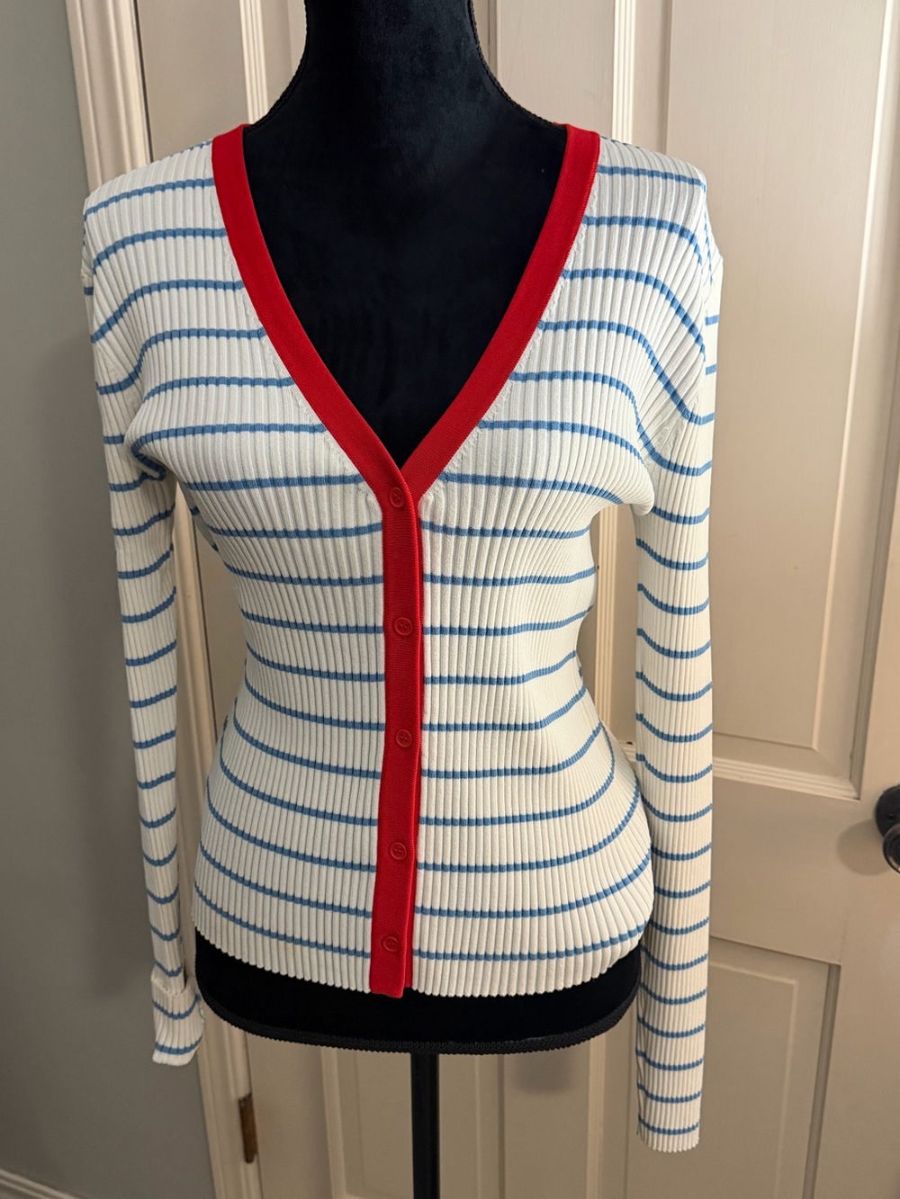 STAUD Cargo Cardigan, Ribbed V-Neck, Blue Stripes & Red Trim, size large, EUC
